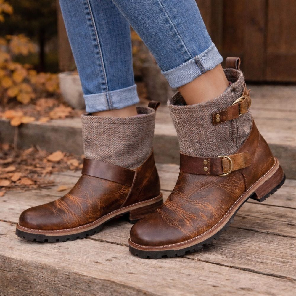 Woolrich Balt Oxford Tweed Moto Boots Brown Leather Plaid Wool Lining